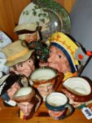 A GROUP OF TOBY/CHARACTER JUGS AND PLATE, to include Royal Doulton 'Drake' D6174, 'The Red Queen',