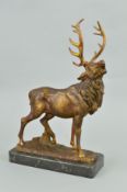 A STAG FIGURE, stamped 'Depose Italy 301', on a marble base, height approximately 40cm x length
