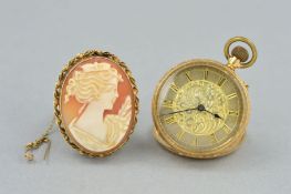AN EARLY 20TH CENTURY POCKET WATCH AND A BROOCH, round case measuring approximately 35mm in