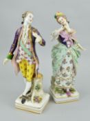A PAIR OF LATE 19TH CENTURY CONTINENTAL PORCELAIN FIGURES, of a lady and gentleman in 18th Century