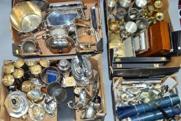 FOUR BOXES OF SILVER PLATE, FLATWARE, CUTLERY, PEWTER, BRASS, ETC,including a four piece tea set,