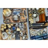 FOUR BOXES OF SILVER PLATE, FLATWARE, CUTLERY, PEWTER, BRASS, ETC,including a four piece tea set,