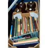 FOUR GREEN BOWLS AND SMALL BOX OF BOOKS