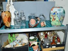 TWO BOXES AND LOOSE CERAMICS, GLASS ETC, to include Royal Doulton Character Jugs 'The Falconer'