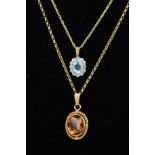 TWO 9CT GOLD GEM PENDANTS AND CHAINS, the first an oval brown topaz within a rope twist surround