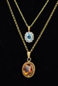 TWO 9CT GOLD GEM PENDANTS AND CHAINS, the first an oval brown topaz within a rope twist surround