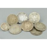 EIGHT VICTORIAN COINS, to include seven half crowns dating between 1894 and 1899, together with