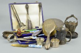 A PARCEL OF SILVER, etc to include a silver backed hand mirror and matching hair brush, three