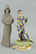 A CAPODIMONTE HARLEQUIN FIGURE BY B MERLI, height 30cm, together with Lladro Monk No2060, height