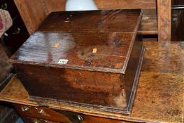 A 19TH CENTURY OAK BIBLE BOX, approximate size width 46cm x depth 39cm x height 22cm
