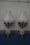 A PAIR OF VICTORIAN STYLE BRASS AND GLASS CANDLEABRA TABLE LAMPS, central electric fitting