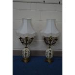 A PAIR OF VICTORIAN STYLE BRASS AND GLASS CANDLEABRA TABLE LAMPS, central electric fitting