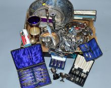 A BOX OF SILVER PLATE AND STAINLESS STEEL, etc, including cased and loose cutlery and flatware,