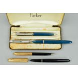 A CASED PARKER 61 FOUNTAIN AND PENCIL SET, in black and gold plate and a Parker 51 founaing and