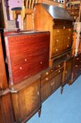 A MAHOGANY FALL FRONT BUREAU, a mahogany sideboard, a corner cupboard and coffee table on casters (
