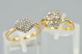 TWO 9CT GOLD DIAMOND CLUSTER RINGS, the first of a slight crossover design, claw set with tiered