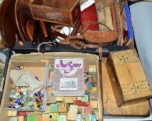 TWO BOXES AND LOOSE SUNDRY ITEMS, to include cased pair of W.Watson & Sons military issue binoculars