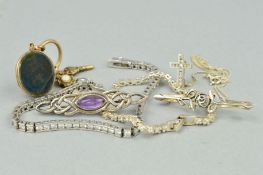 A SELECTION OF JEWELLERY, to include a late Victorian key ring suspending two watch keys and a