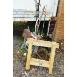 A WORK BENCH, various garden tools, towing rope and two tressel stands