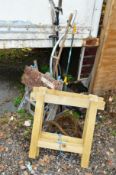 A WORK BENCH, various garden tools, towing rope and two tressel stands