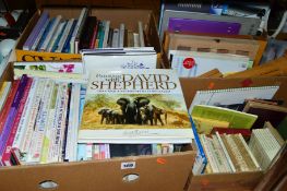 FOUR BOXES OF BOOKS, ARTISTS EQUIPMENT, etc, to include books relating to painting (David Shepherd),