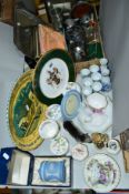 A BOX AND LOOSE CERAMICS AND SUNDRY ITEMS, to include boxed Wedgwood blue jasperware (Birmingham