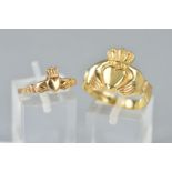 TWO 9CT GOLD CLADDAGH RINGS, both with hallmarks for Birmingham, ring sizes N1/2 and V, total weight