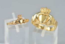 TWO 9CT GOLD CLADDAGH RINGS, both with hallmarks for Birmingham, ring sizes N1/2 and V, total weight