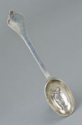 AN EARLY 20TH CENTURY SILVER TEASPOON, embossed to the bowl with an image of a golfer, hallmarked