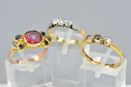 THREE DRESS RINGS, to include a three stone diamond ring estimated eight cut weight approximately