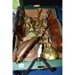 A BOX OF METALWARE, to include a copper and a brass kettle, ink stand, candlesticks etc