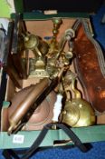 A BOX OF METALWARE, to include a copper and a brass kettle, ink stand, candlesticks etc