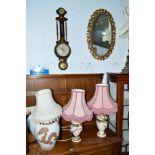A MODERN ANEROID BAROMETER, a pair of ceramic table lamps with shades, and Oriental style table