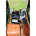 A BOX OF CAMERAS, PROJECTOR, BINOCULARS ETC, to include Bell & Howell 8mm, Olympus super zoom,