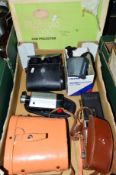 A BOX OF CAMERAS, PROJECTOR, BINOCULARS ETC, to include Bell & Howell 8mm, Olympus super zoom,