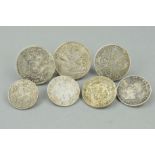 SEVEN COINS, to include two Victorian coins for 1889 and 1898, a George IV and two George V coins,