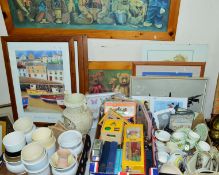 THREE BOXES AND LOOSE SUNDRY ITEMS, CERAMICS, PICTURES, etc, to include Pelham 'Gypsy' puppet (