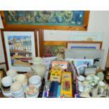 THREE BOXES AND LOOSE SUNDRY ITEMS, CERAMICS, PICTURES, etc, to include Pelham 'Gypsy' puppet (