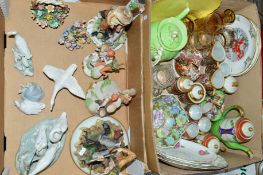TWO BOXES OF CERAMICS ETC, to include four Lladro Duck/Geese ornaments (one s.d), Capodimonte