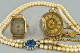 TWO WATCHES AND A SIMULATED PEARL NECKLACE, to include a 9ct gold gent's rectangular shape case,