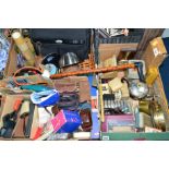 THREE BOXES AND LOOSE SUNDRY ITEMS, to include cameras, tools, metalware, coins, cutlery, snooker