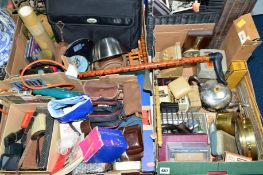 THREE BOXES AND LOOSE SUNDRY ITEMS, to include cameras, tools, metalware, coins, cutlery, snooker