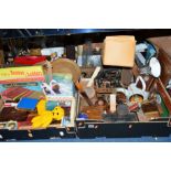 FOUR BOXES AND LOOSE SUNDRY ITEMS, to include Avery scales, distressed cello, assorted treen