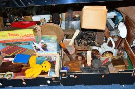FOUR BOXES AND LOOSE SUNDRY ITEMS, to include Avery scales, distressed cello, assorted treen