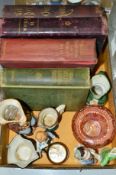 A TRAY OF SUNDRIES, to include books, Carnival glass bowl, Worcester figure 'The Parakeet' No
