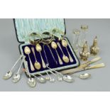 A LATE VICTORIAN CASED SET OF SIX SILVER COFFEE SPOONS AND MATCHING SUGAR TONGS, shell shaped bowls,