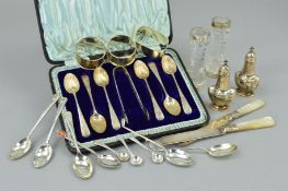 A LATE VICTORIAN CASED SET OF SIX SILVER COFFEE SPOONS AND MATCHING SUGAR TONGS, shell shaped bowls,