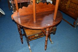 A VICTORIAN STAINED PINE HALF MOON TABLE, with a raised back