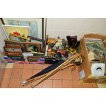 FOUR BOXES AND LOOSE SUNDRY ITEMS, to include records, pictures, linen, walking sticks, umbrella