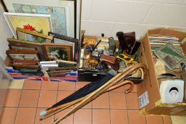 FOUR BOXES AND LOOSE SUNDRY ITEMS, to include records, pictures, linen, walking sticks, umbrella